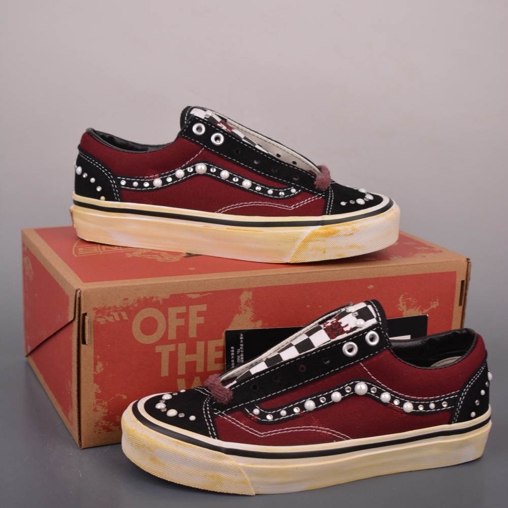 Vans Burgundy Black Checkerboard Studded Low-Top Sneakers - Picture 3 of 9